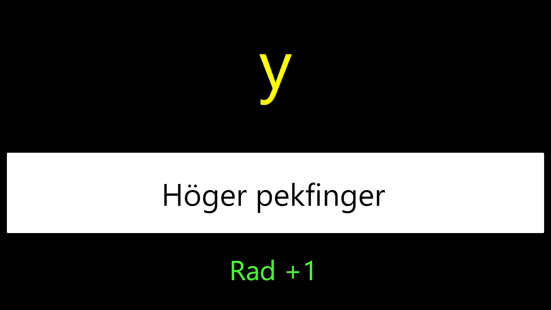 Screenshot from the Swedish Tango Kids 2 version. The Correct Finger exercise shows the letter y, right index finger and row +1.