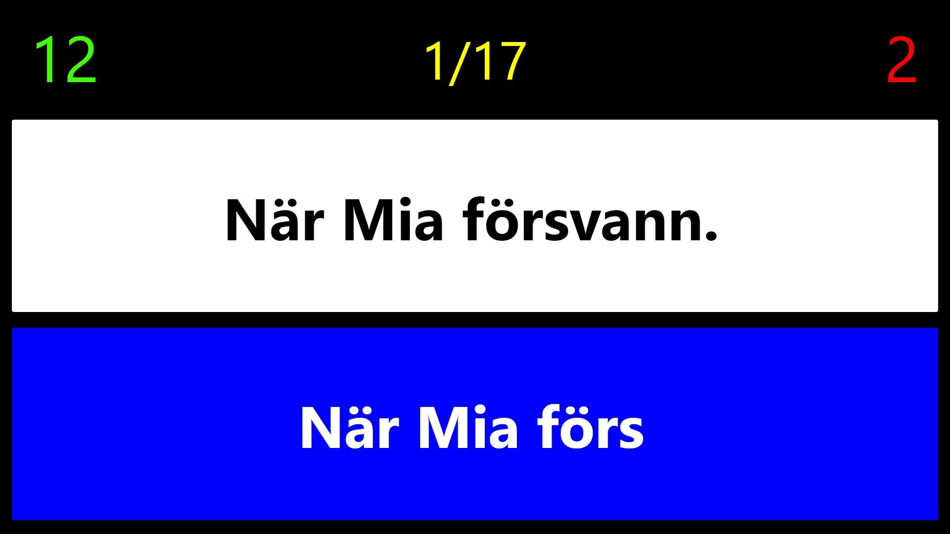 Screenshot from the Swedish Tango Kids 2 version. The training view shows a sentence, a partially typed line and progress and error counters.
